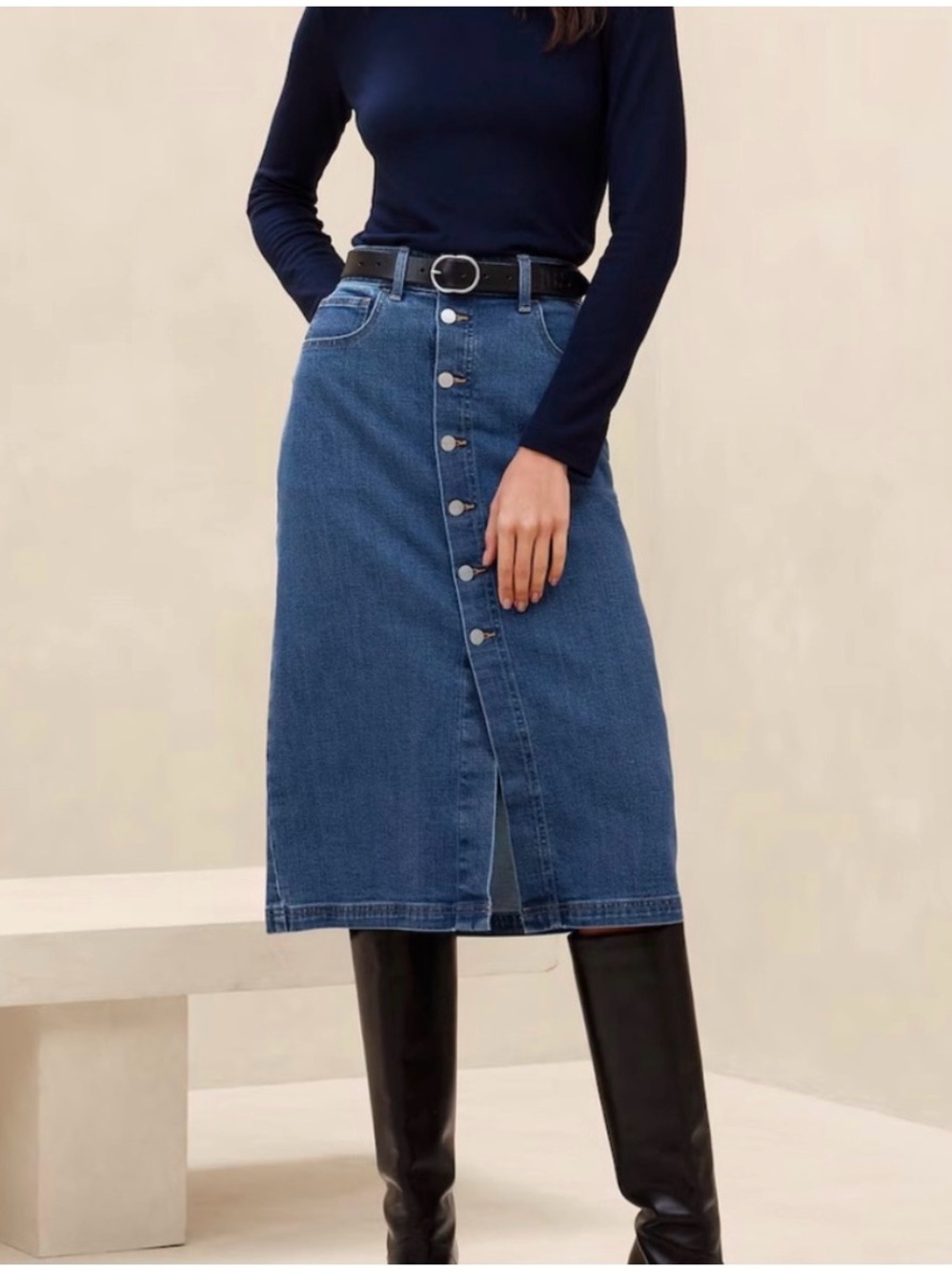 Banana Republic Mid-Blue Button-Front Denim Midi Skirt